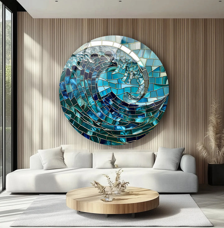 Ocean Wave Mosaic Round Glass Wall Art - MyPhotoStation