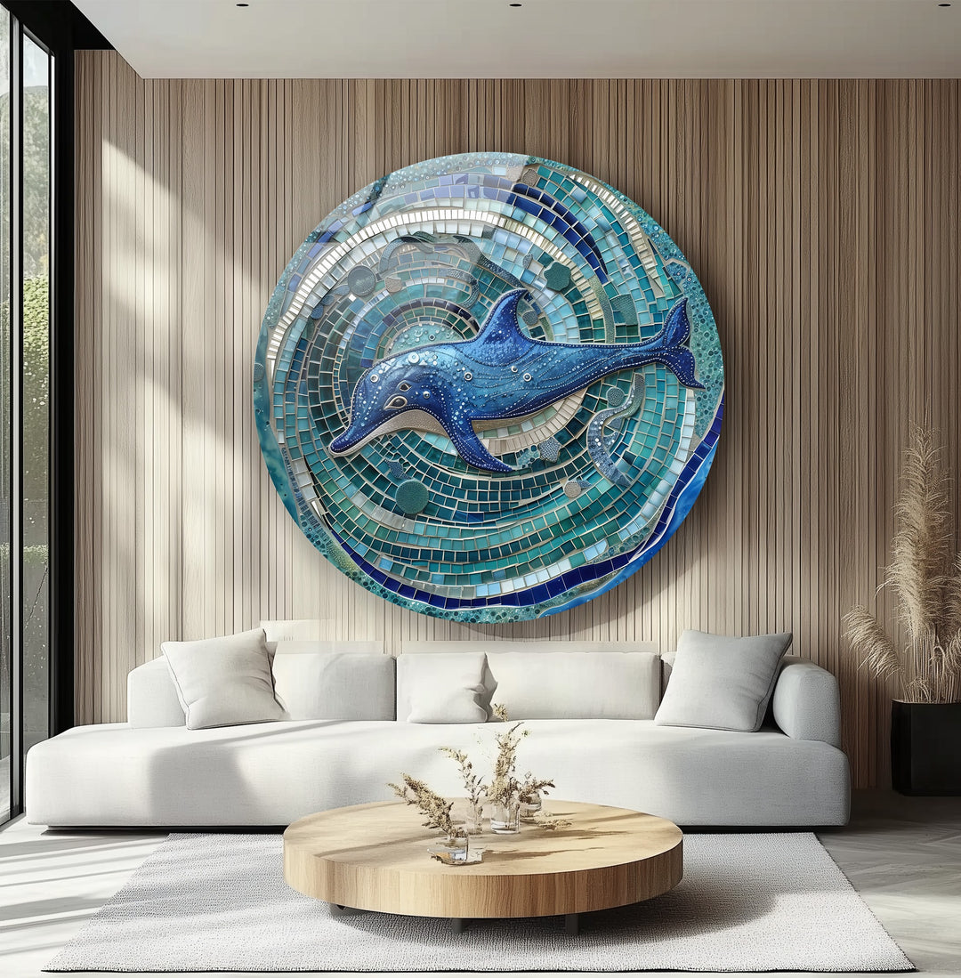Ocean Spirit – Blue Dolphin Mosaic Round Glass Wall Art