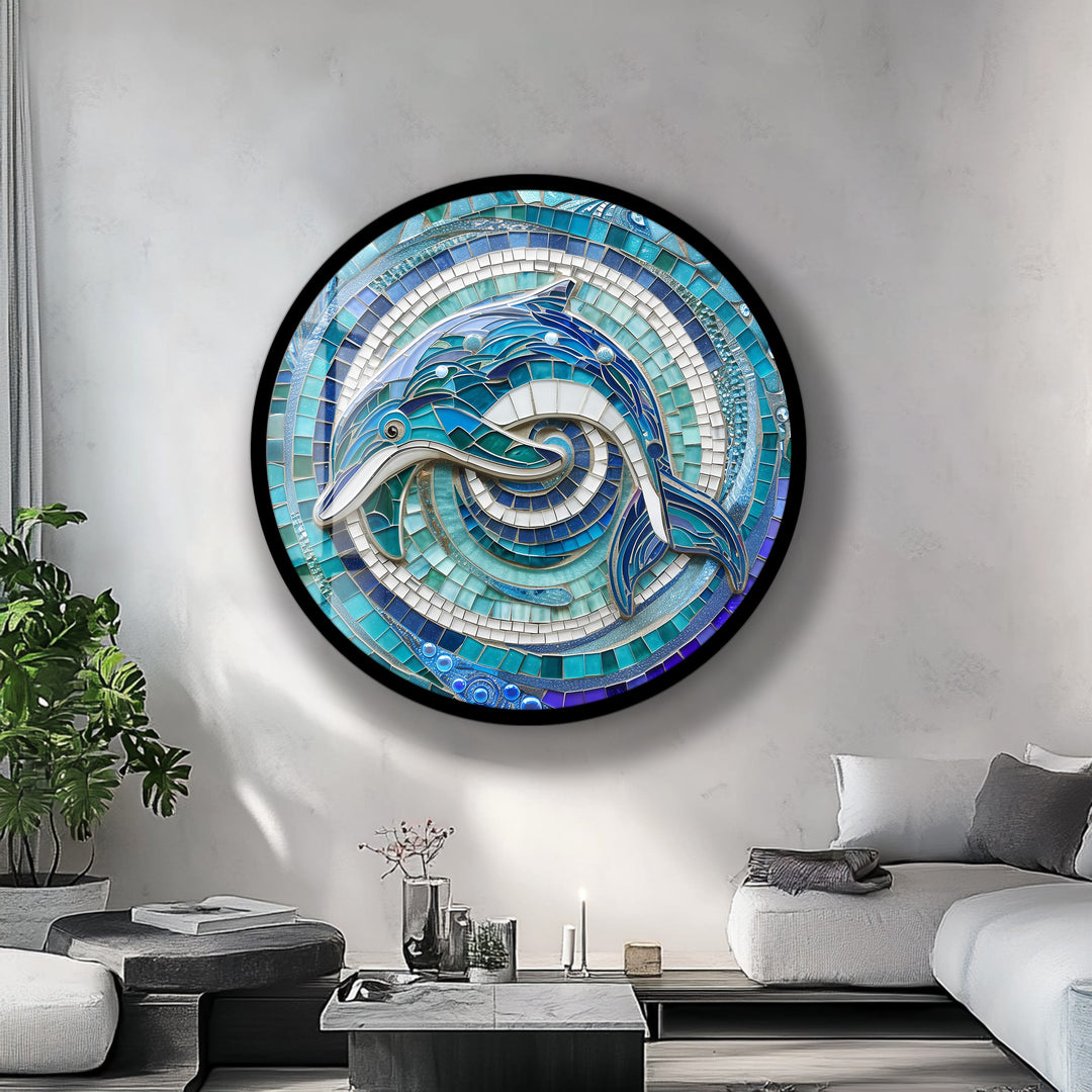 Ocean Harmony – Dolphin Mosaic Round Glass Wall Art