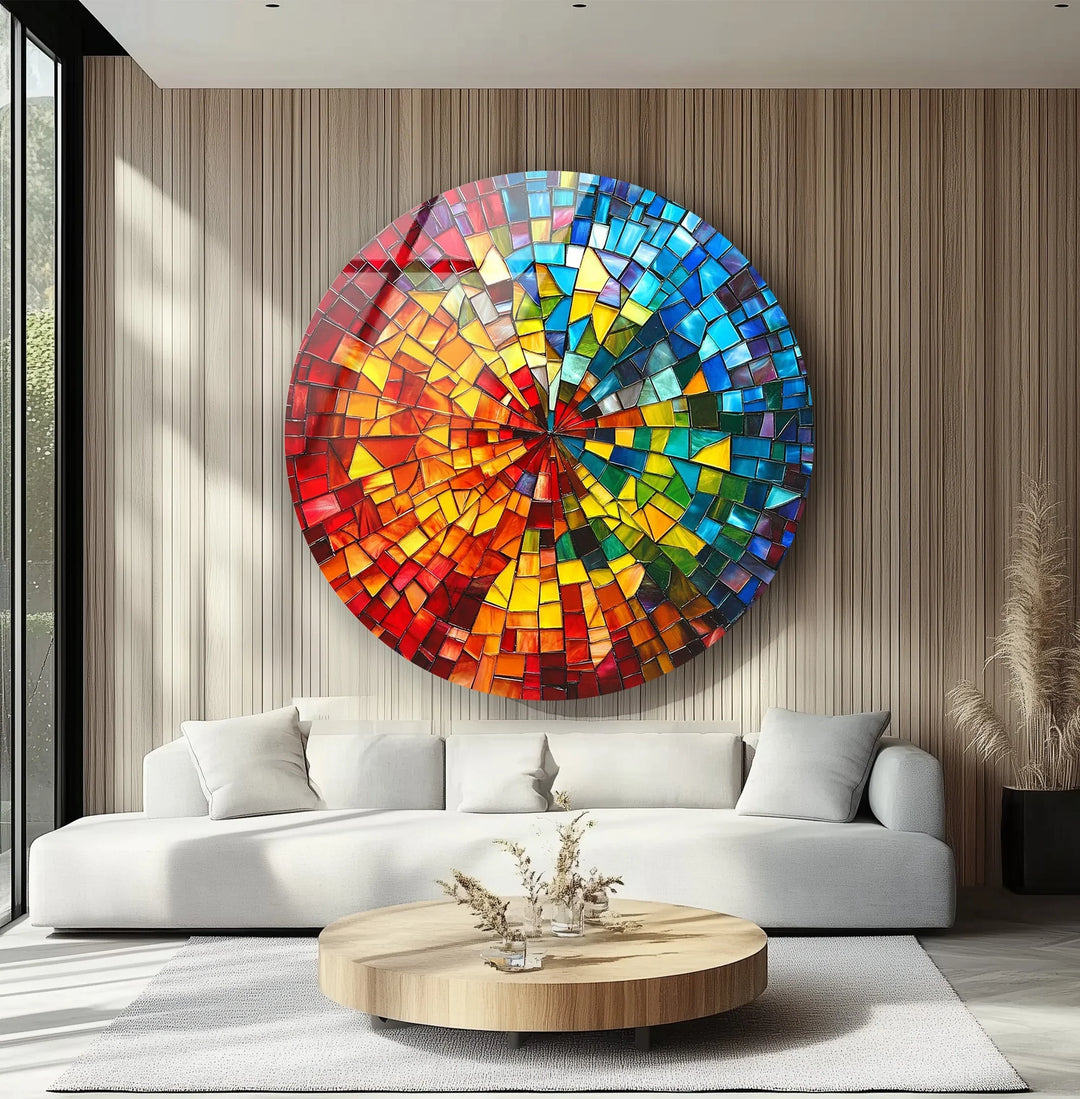 Rainbow Burst Mosaic Round Glass Wall Art - MyPhotoStation