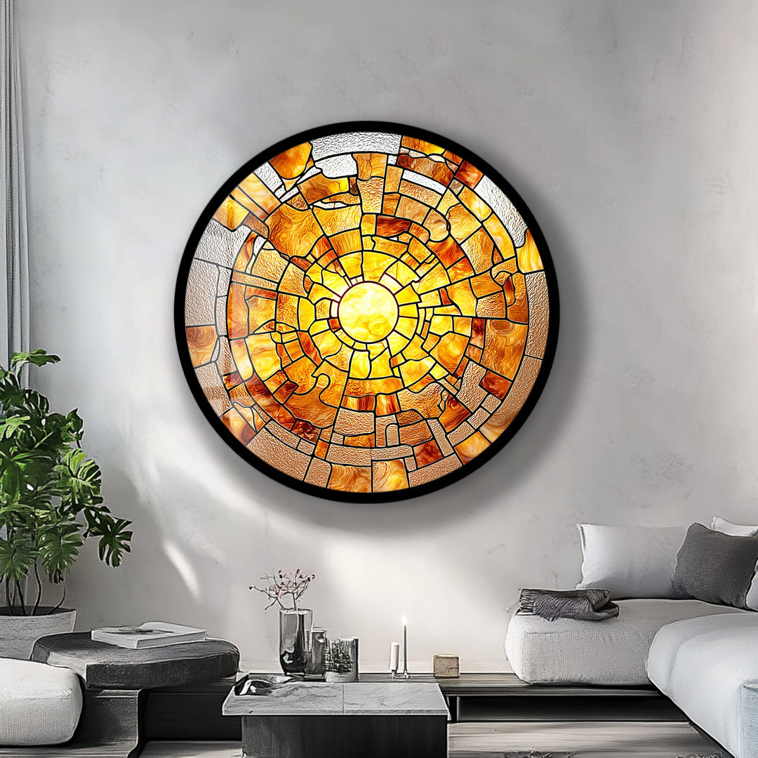 Amber Solar Burst – Round Glass Wall Art