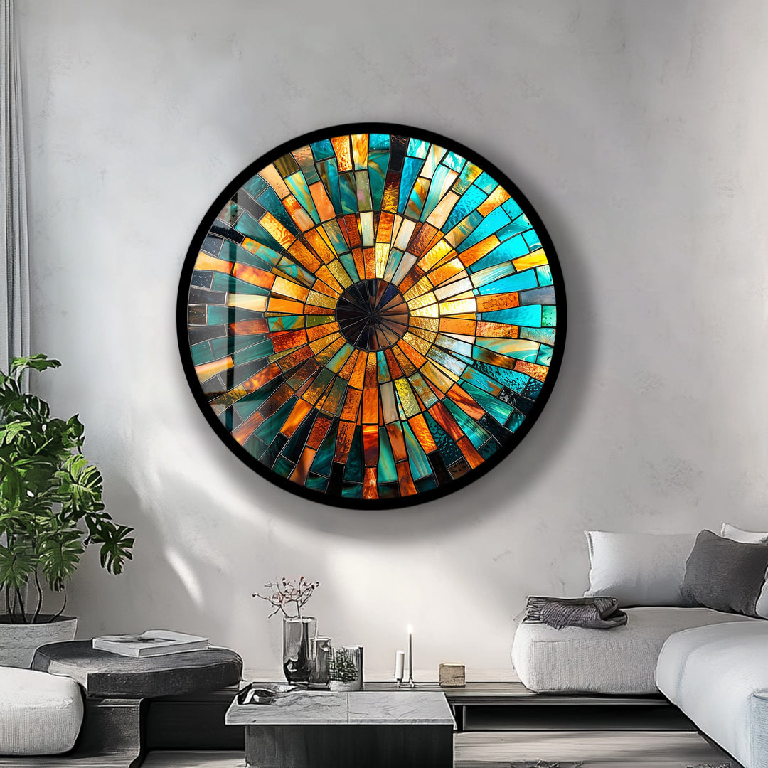 Radiant Sunburst – Golden Mosaic Round Glass Wall Art