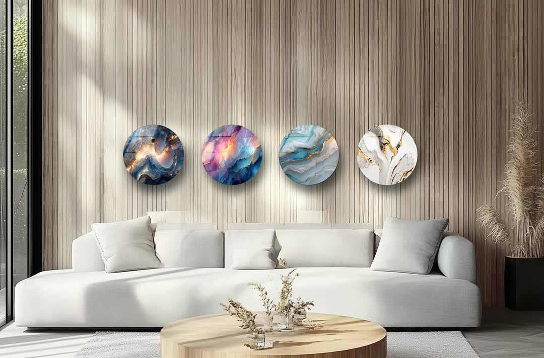 Abstract gemstone-inspired round glass wall art set
