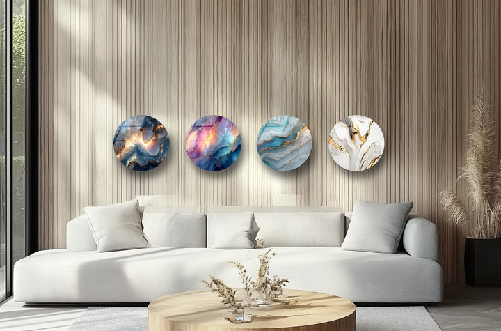 Abstract gemstone-inspired round glass wall art set