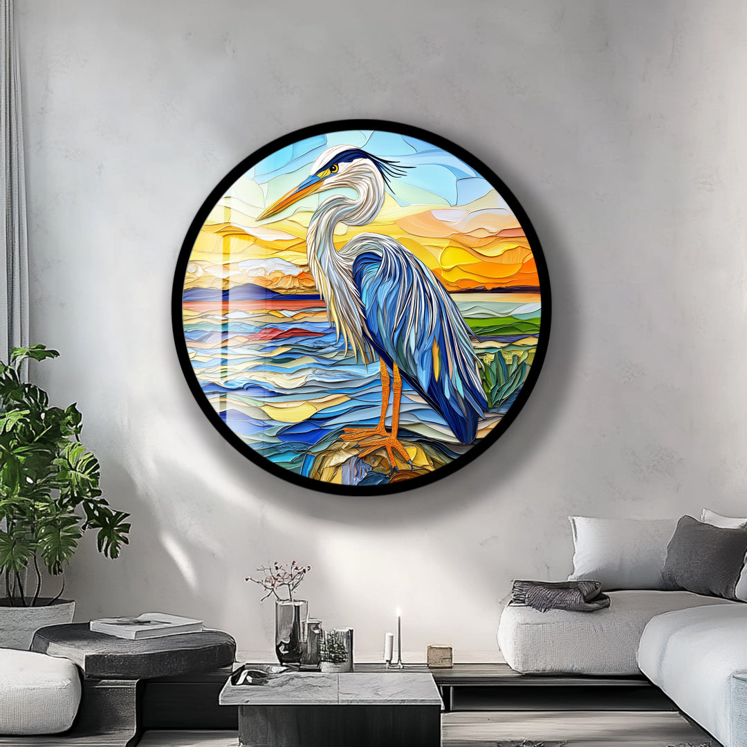 Blue Heron at Dusk – Round Glass Wall Art