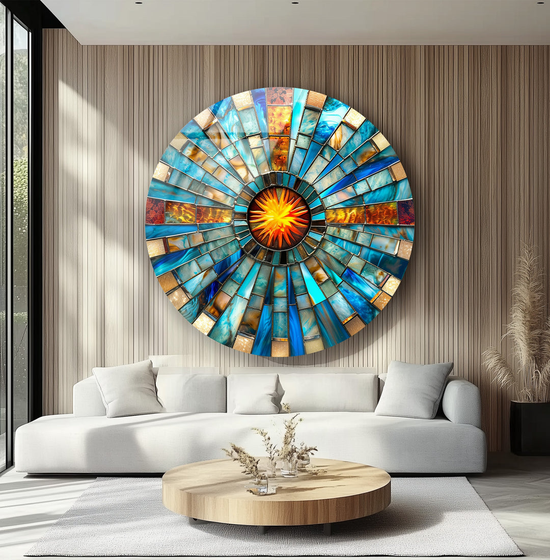 Solar Pulse – Blue & Amber Mosaic Round Glass Wall Art