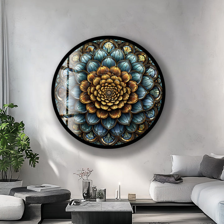 Golden Mandala Bloom – Round Glass Wall Art
