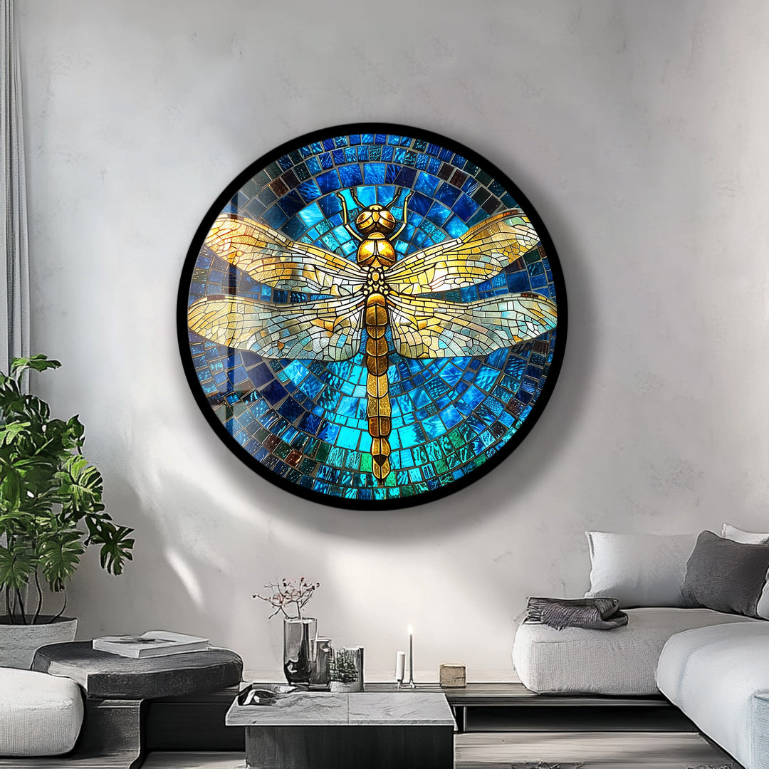 Golden Serenity – Dragonfly Mosaic Round Glass Wall Art