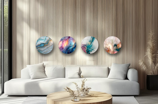 Round glass wall art set features an abstract agate inspired design and vivid teal violet and gold tones and is elegant home decor