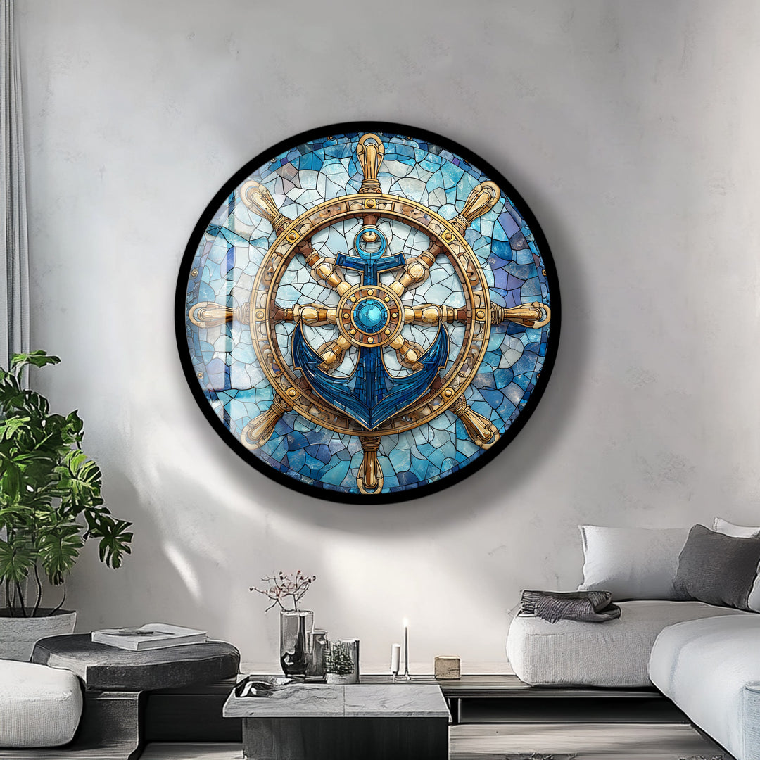 Nautical Helm & Anchor – Round Glass Wall Art