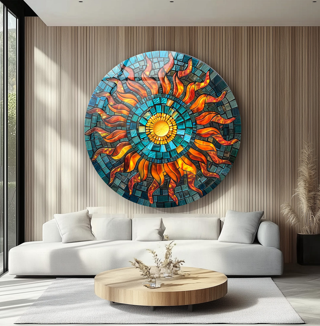 Solar Radiance – Sunburst Mosaic Round Glass Wall Art