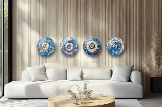 Round set of blue mosaic glass wall art features spiral designs and adds ocean inspired color and calm to a modern room décor