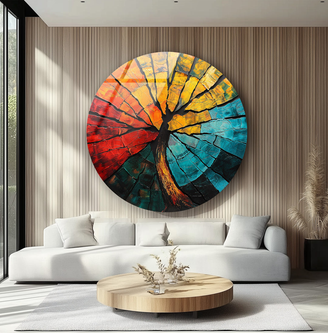 Elemental Fusion – Fiery Abstract Tree Round Glass Wall Art