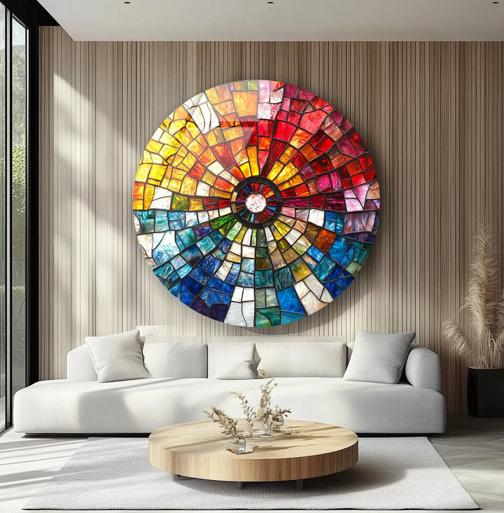 Radiant Sunburst Mosaic Round Glass Wall Art - MyPhotoStation