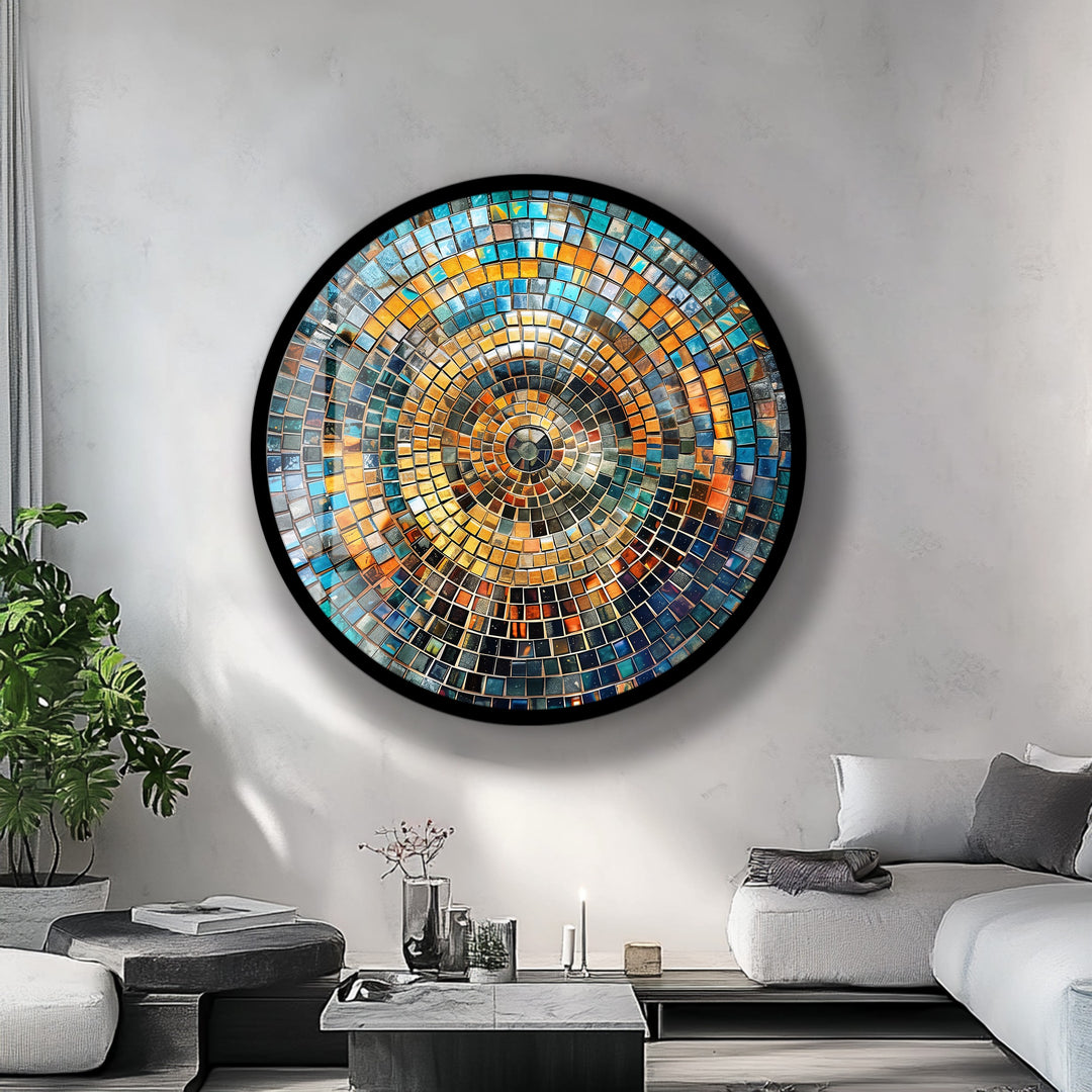 Aurora Mosaic – Radiant Blue and Gold Round Glass Wall Art
