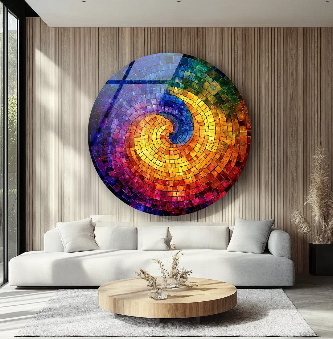 Chromatic Spiral – Vibrant Abstract Mosaic Round Glass Wall Art