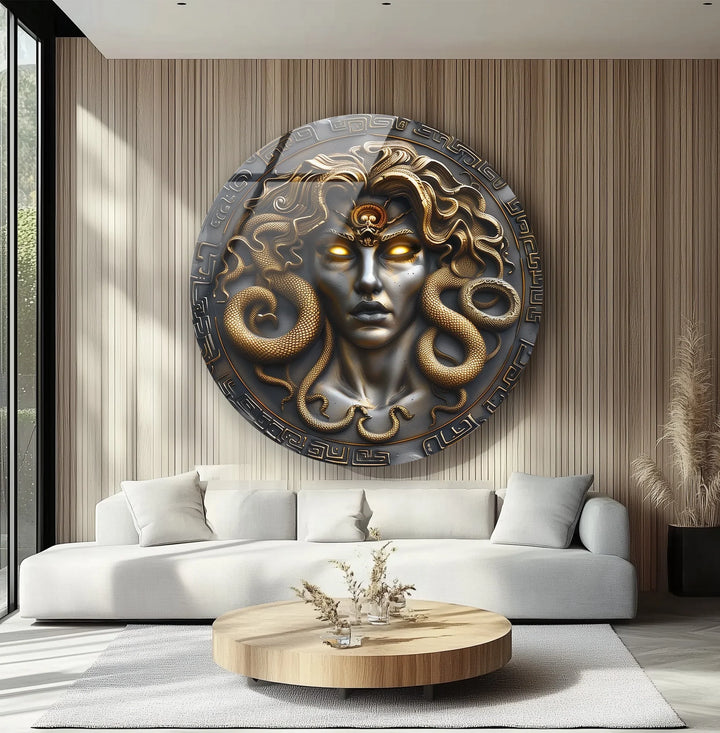 Medusa Gaze – Mythological Round Glass Wall Art - MyPhotoStation