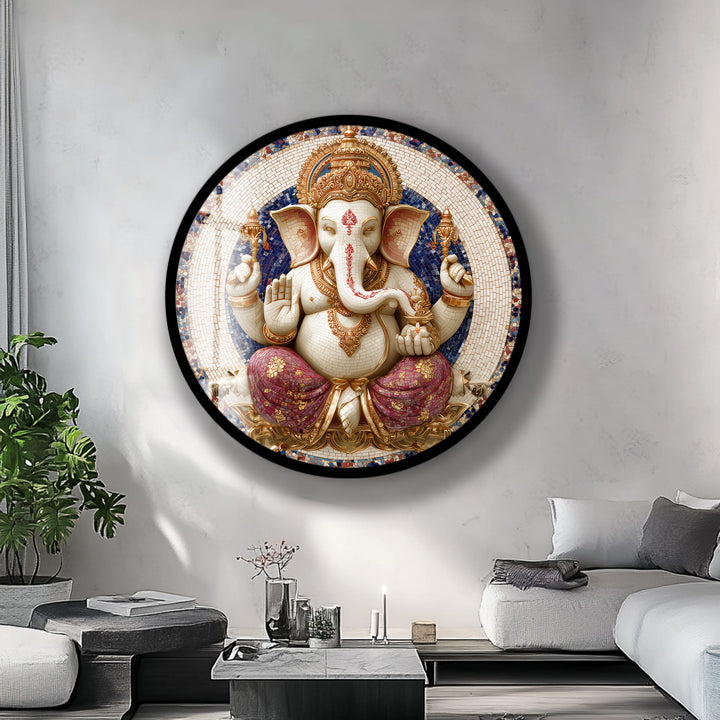 Golden Grace Ganesha – Round Glass Wall Art