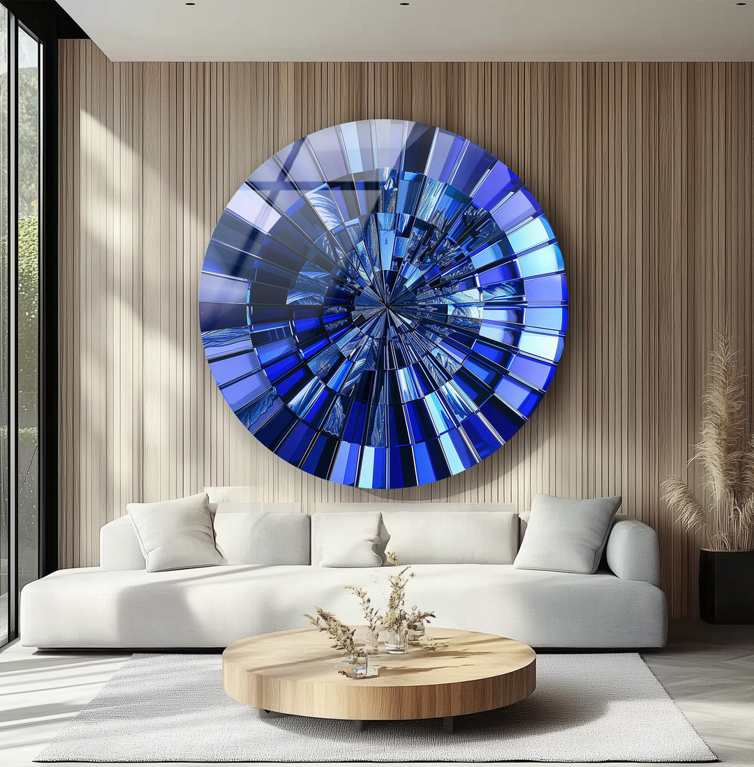 Midnight Radiance – Deep Blue Reflective Round Glass Wall Art