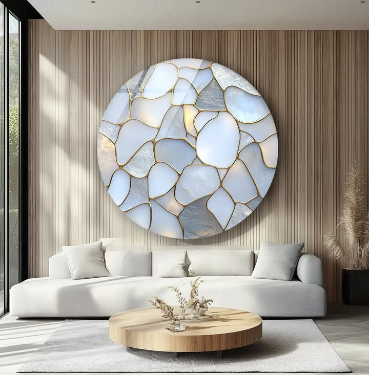 White Stone Mosaic Round Glass Wall Art - MyPhotoStation