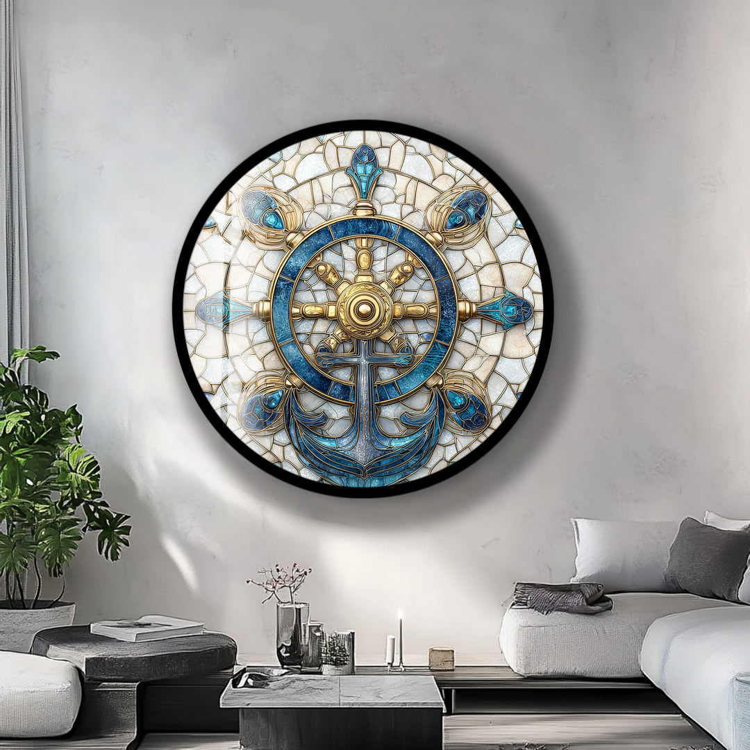 Golden Helm & Anchor Harmony – Round Glass Wall Art