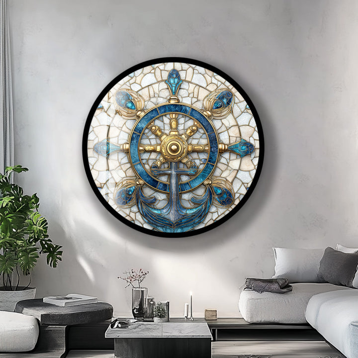 Golden Helm & Anchor Harmony – Round Glass Wall Art