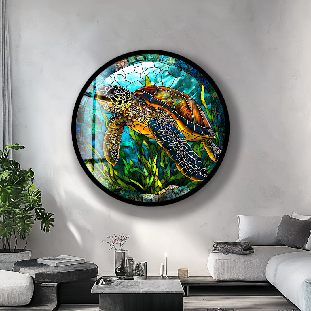 Sea Turtle Stained – Round Glass Wall Art
