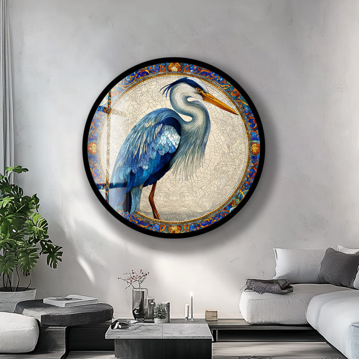 Regal Blue Heron – Round Glass Wall Art
