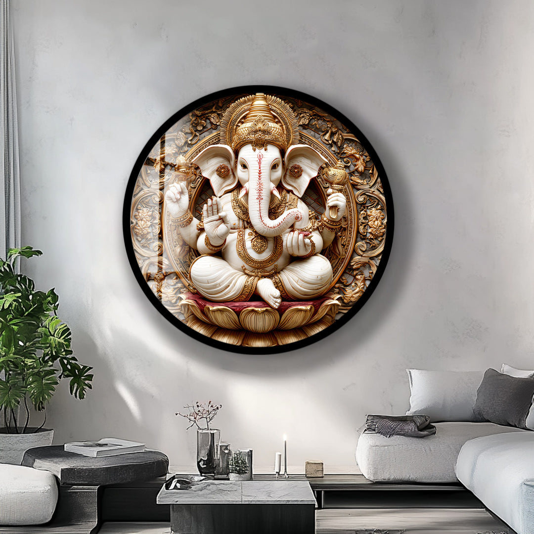 Golden Ganesha Serenity – Round Glass Wall Art