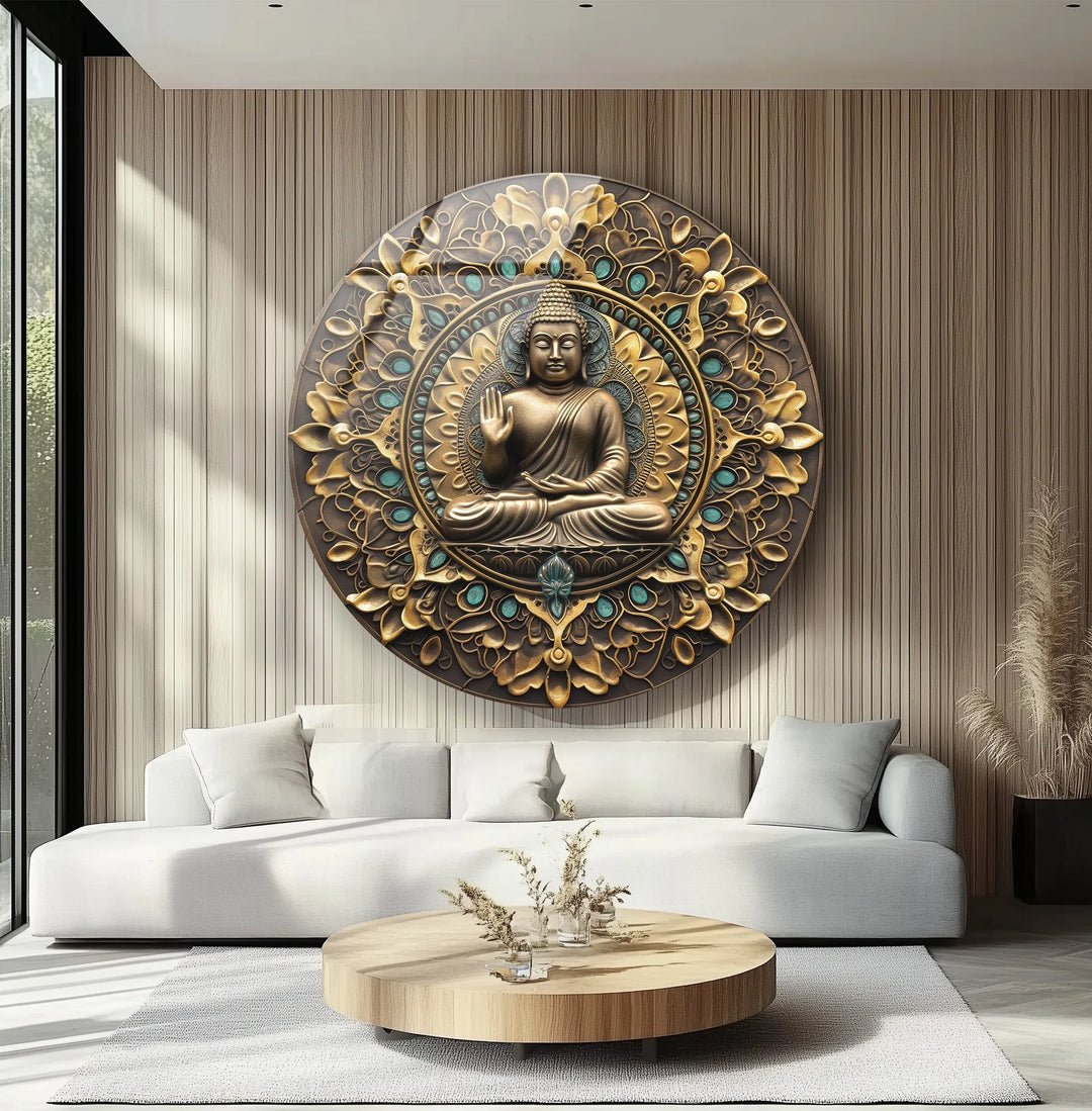 Golden Mandala Buddha – Ornate Round Glass Wall Art - MyPhotoStation
