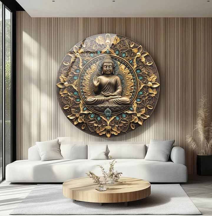 Golden Mandala Buddha – Ornate Round Glass Wall Art - MyPhotoStation
