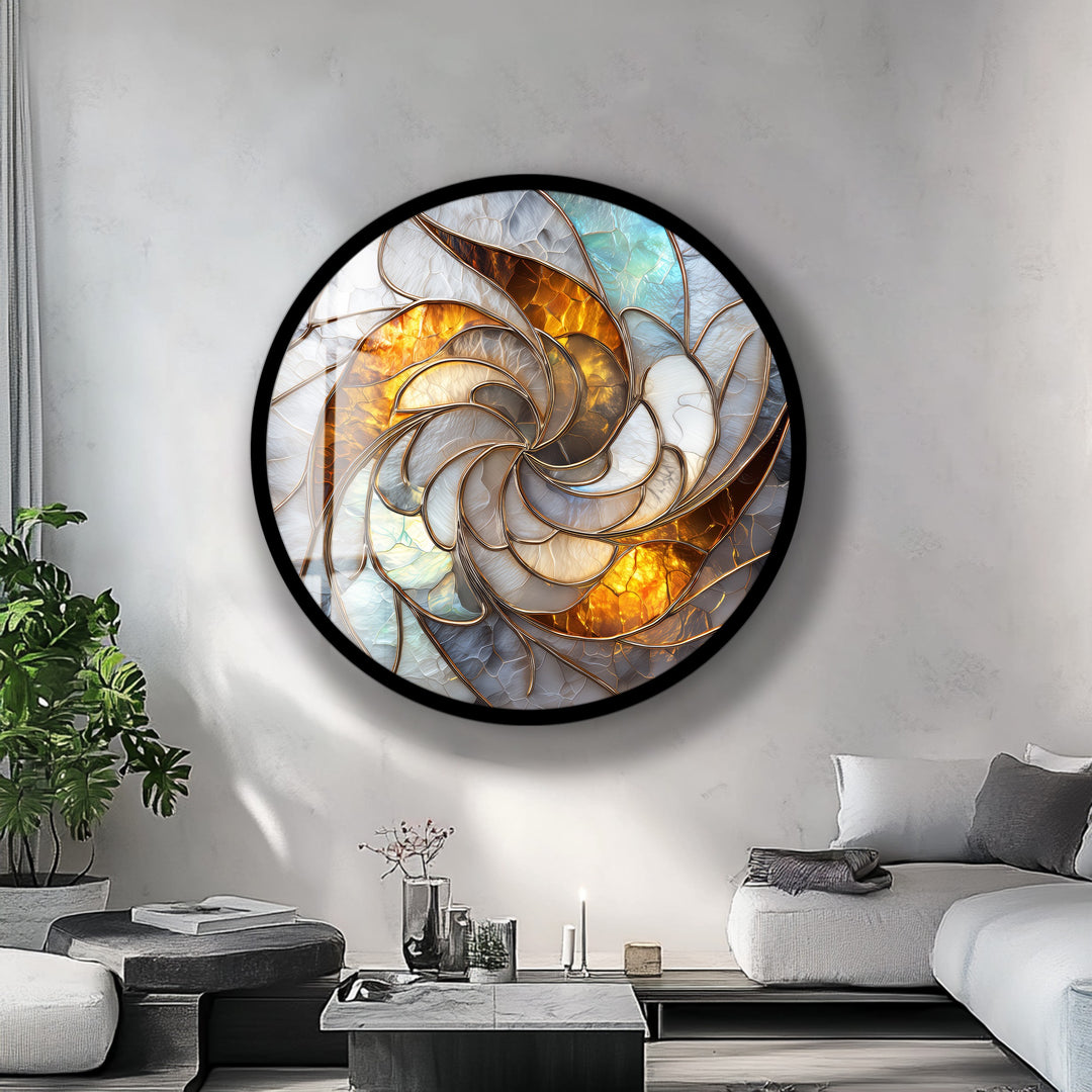Golden Spiral Radiance – Round Glass Wall Art