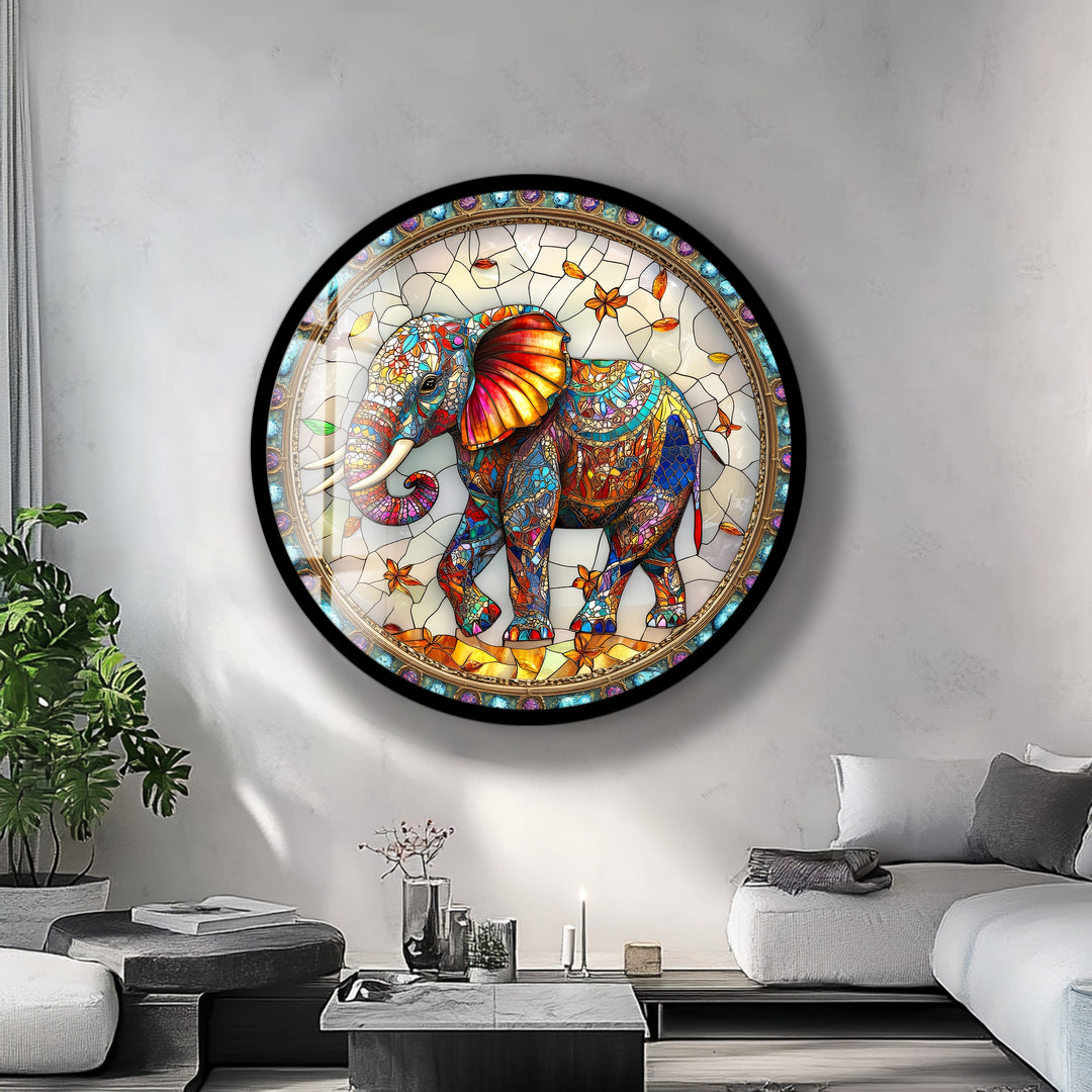 Majestic Mosaic Elephant – Round Glass Wall Art