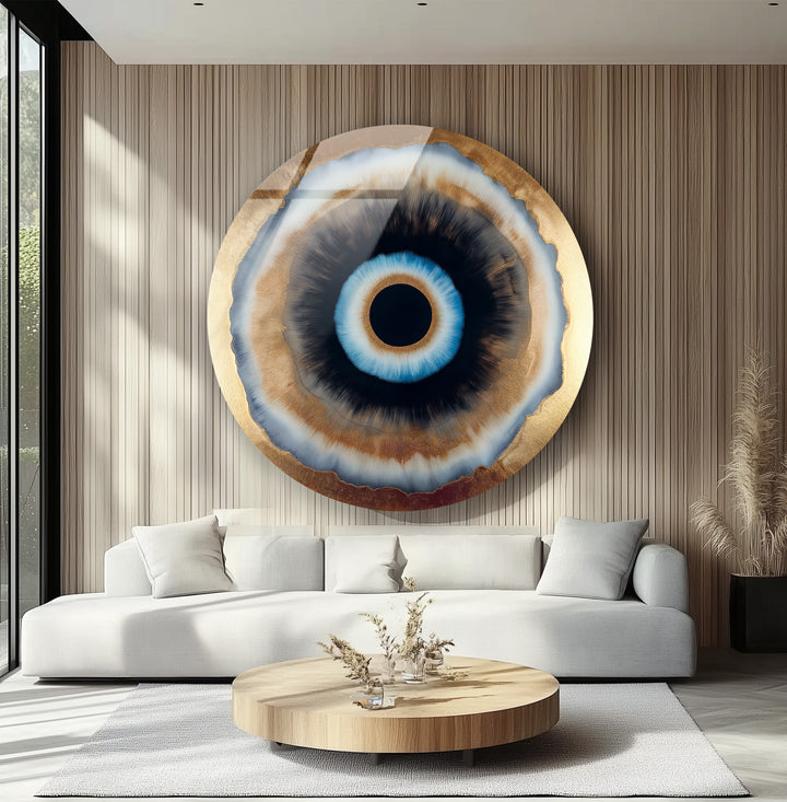 Contemporary round wall art featuring blue and brown tones