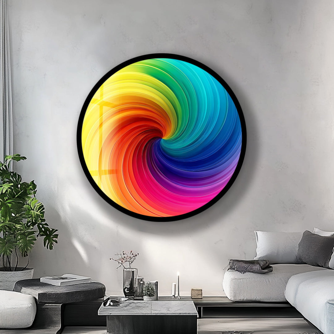 Vortex of Color – Rainbow Swirl Round Glass Wall Art