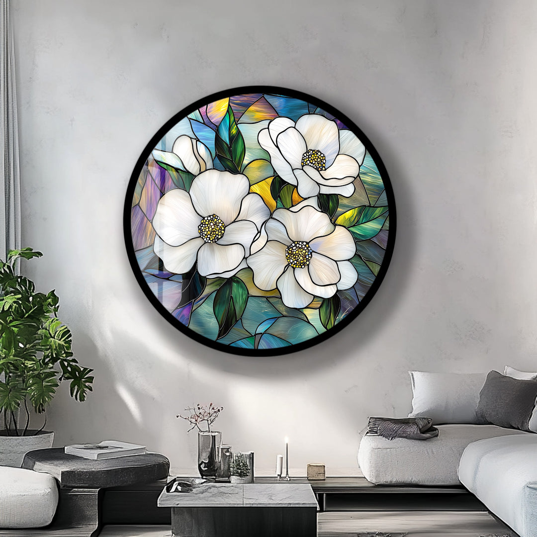 Ivory Bloom Harmony – Round Glass Wall Art