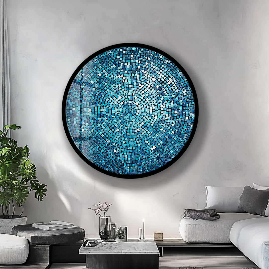 Azure Radiance Mosaic – Round Glass Wall Art