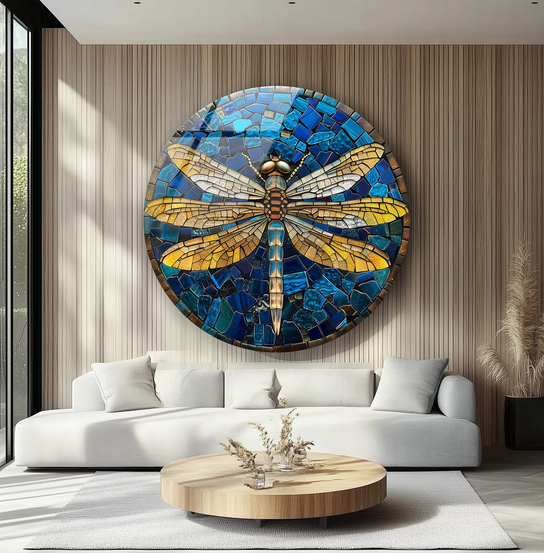 Golden Dragonfly – Blue Mosaic Round Glass Wall Art