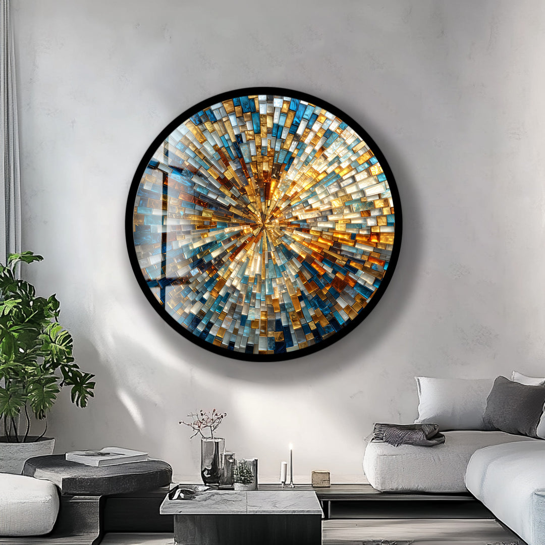 Golden Radiance Spiral  – Round Glass Wall Art