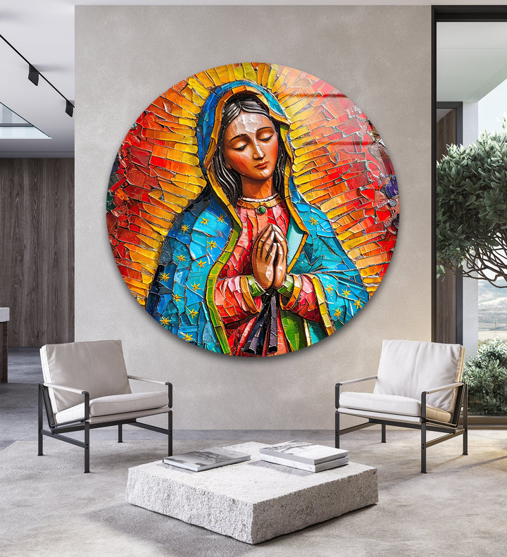 The realistic detail of this best glass art reveals a vibrant mosaic of a praying Virgin Mary, radiating brilliant colors in a modern setting.