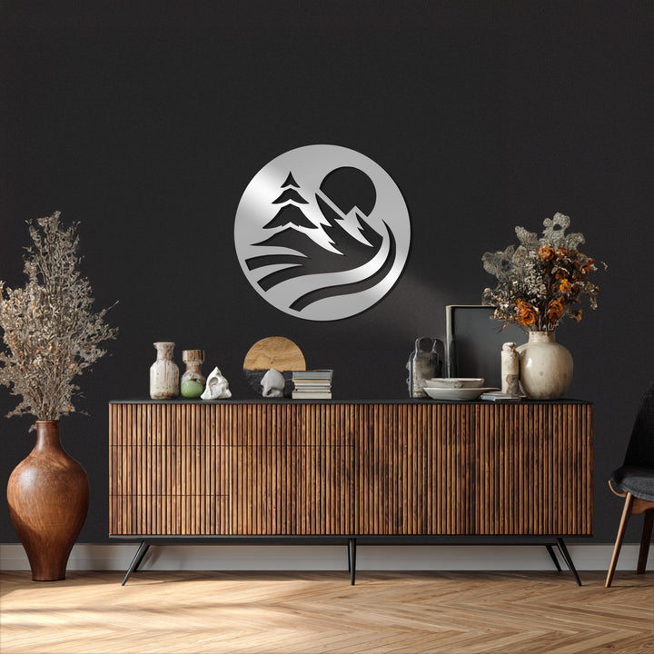 Mountain river moon metal wall art