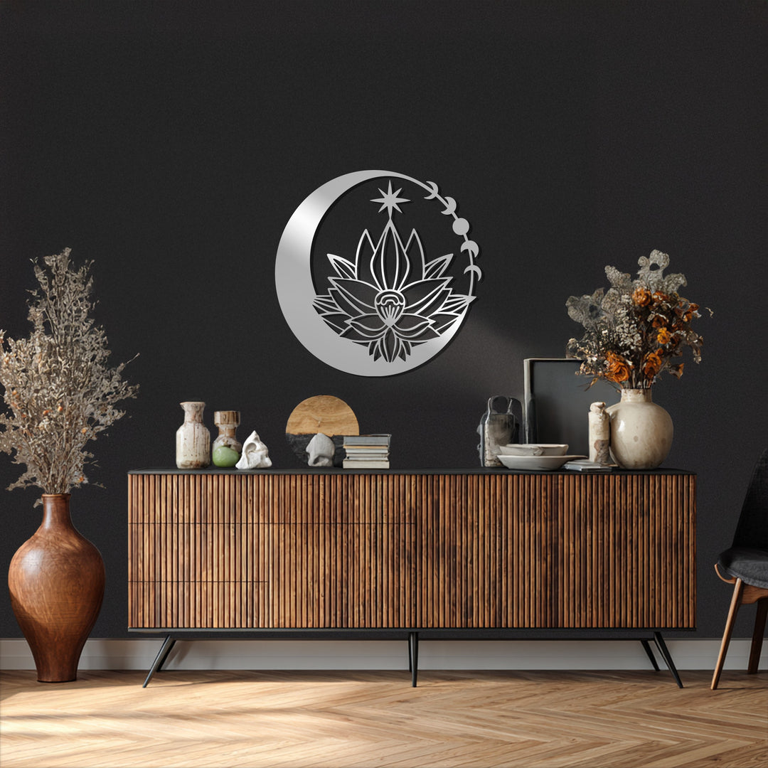 Lunar Blossom – Moon and Lotus Flower Metal Wall Art
