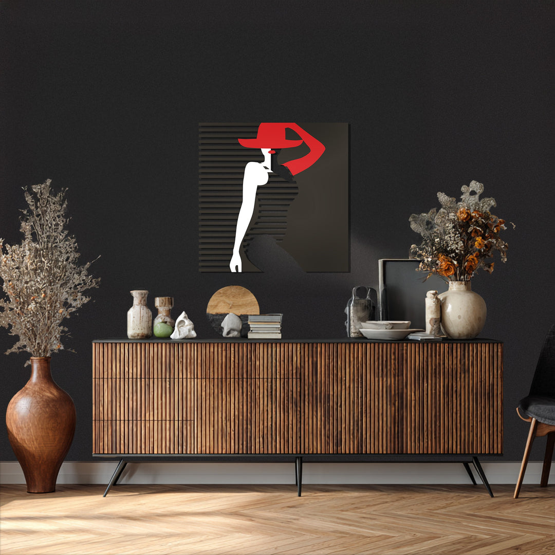 Lady in Red Hat Metal Wall Art – Elegant Minimalist Modern Decor