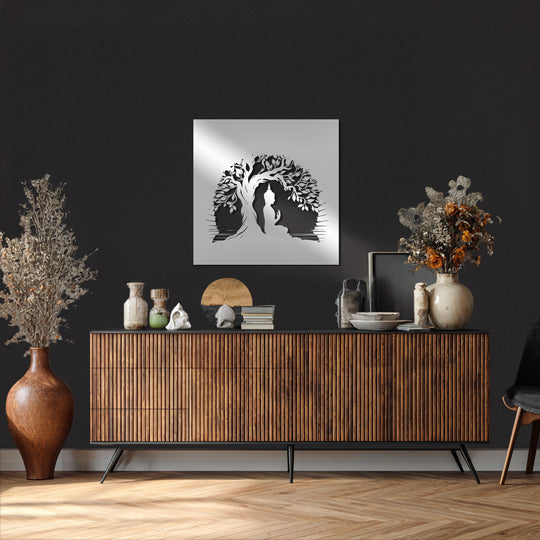 Enveloping the Buddha Under Bodhi Tree decorative metal art, the darkest area defines the serene silhouette in this spiritual meditation décor.