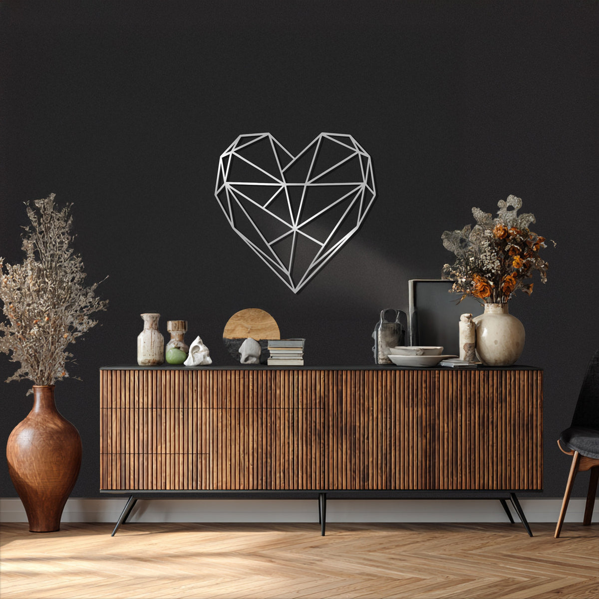 Spotlighting the focal point of a geometric heart, this modern metal wall art exemplifies unique metal wall art with its minimalist love design.