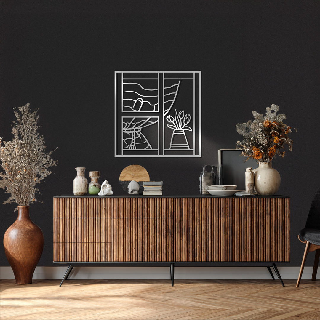 Window with Tulips – Elegant Floral Metal Wall Art