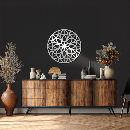 Negative space highlights the intricate floral patterns of this mandala metal wall art, creating a striking decoration wall art piece with geometric precision.