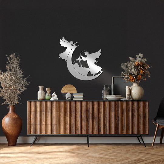 Showcasing premium metal wall decor, the heavenly nativity angel and moon wall art's durable craftsmanship enhances its spiritual aesthetic.