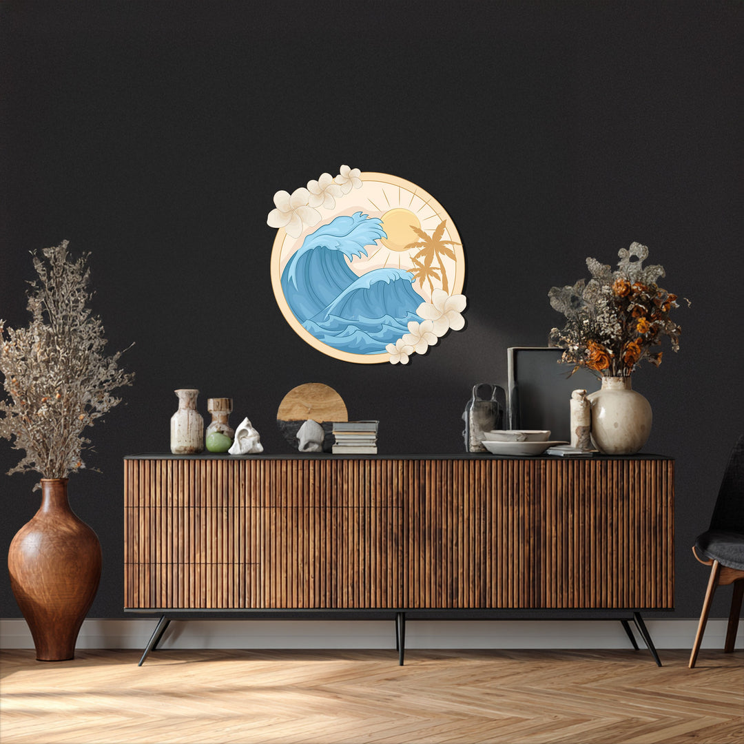 Ocean wave and sun design metal wall sculpture