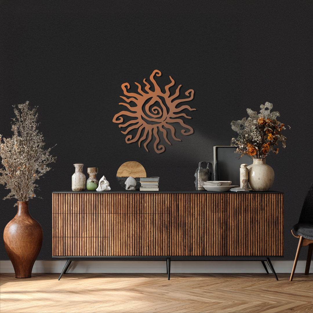 Abstract Sun Metal Wall Art – Bohemian Spiral Sunburst Decor